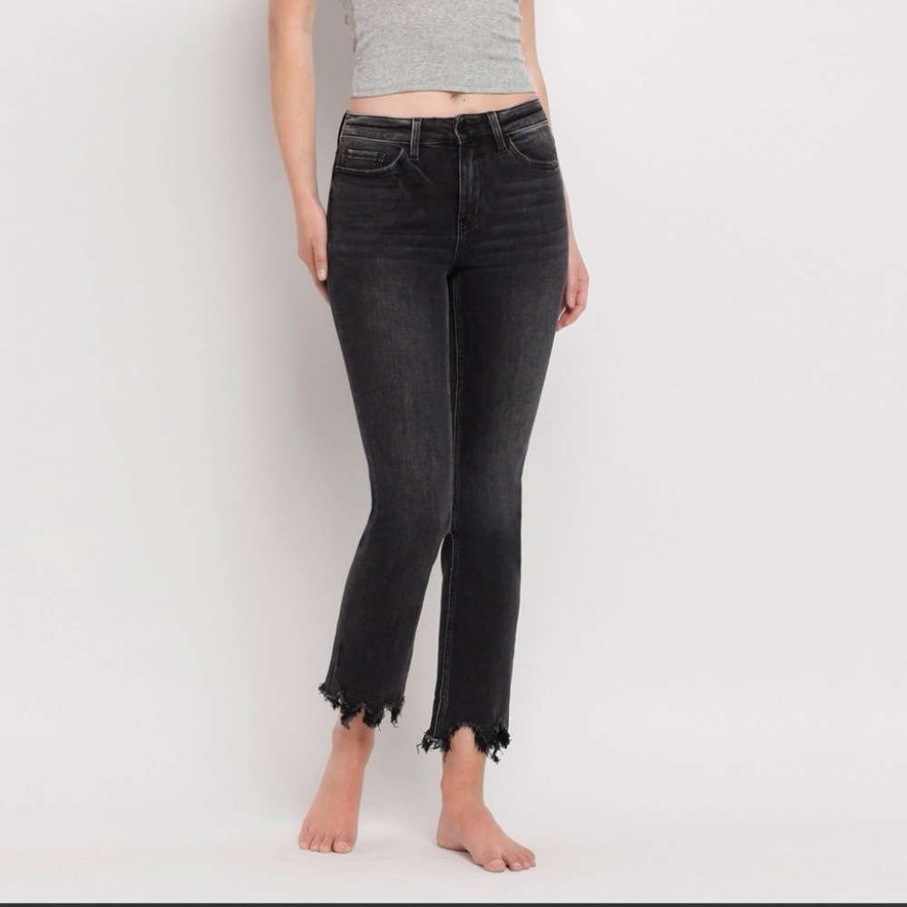 VERVET High Rise Distressed Slim Ankle Straight Jeans Raw Hem Black Minimalist